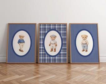 Fashion Teddy Bear Poster Bundle, Navy Blue Ralph Teddy, Grandmillennial Gallery Wall, Polo Teddy Bear Wall Art, Preppy Boy Fashion Poster