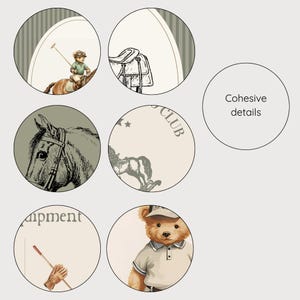 May include: A collection of circular illustrations with a polo theme. The images include a teddy bear playing polo, a horse head, a saddle, and the text "Polo Club" and "Equipment". The color palette is neutral with beige, brown, and green tones.