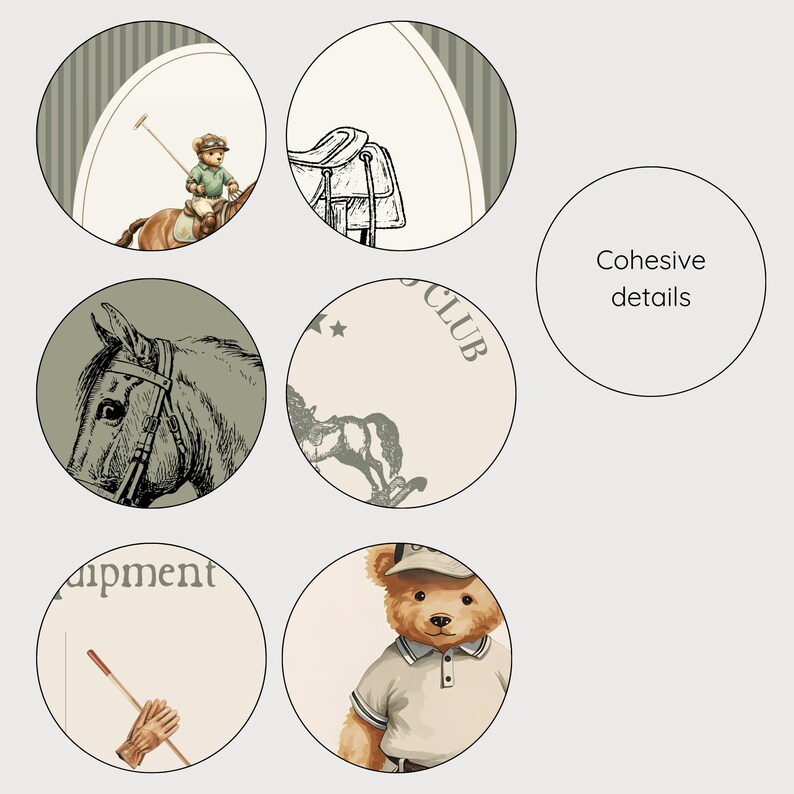 May include: A collection of circular illustrations with a polo theme. The images include a teddy bear playing polo, a horse head, a saddle, and the text "Polo Club" and "Equipment". The color palette is neutral with beige, brown, and green tones.