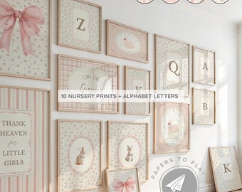 Pink Gallery Thank Heaven for Little Girls, Pale Pink Rose Wall Art Poster Bundle, Floral Initial - Antique Alphabet Prints + Antique Bunny