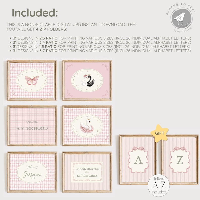 May include: A collection of framed art prints in a soft pink color scheme. The prints feature various designs, including a butterfly, swans, and text such as "Sisterhood" and "Long Live Girlhood." Includes alphabet letters A-Z. The art is suitable for a nursery or children's room.