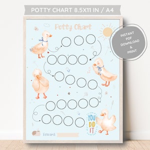 May include: A blue and white potty training chart with a duck theme. The chart has 18 circles to color in as a reward system for using the potty. The chart also says "Potty Chart" and "You Did It!" with a duck illustration. The chart is 8.5 inches by 11 inches.
