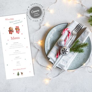 Modèle de menu révéler le sexe du bonhomme en pain d'épice, carte de menu pour baby shower hiver garçon et fille en pain d'épice texte modifiable imprimable, téléchargement immédiat, 24
