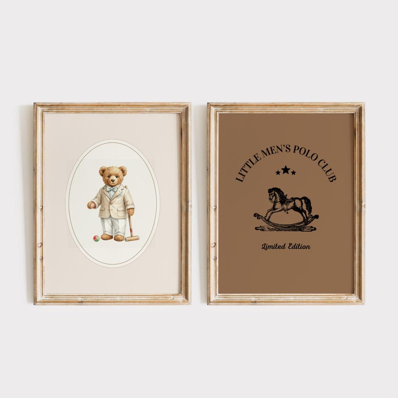 May include: Two framed prints. The left print features a teddy bear in a blazer, holding a croquet mallet and ball. The right print has the text "LITTLE MEN'S POLO CLUB" above a rocking horse illustration, with "Limited Edition" below.