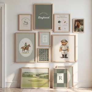 May include: A collection of framed art prints with a preppy theme. The prints feature polo-themed illustrations, a teddy bear in polo attire, a horse, and landscape scenes. The color palette includes shades of green, beige, and brown. Some prints have text that reads "Long Live Boyhood".