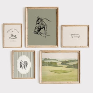 May include: A collection of framed equestrian-themed art prints. The prints feature a horse head, a saddle, a landscape, and text that reads "Little rider, big courage" and "Little Men's Polo Club". The frames are a light brown color.