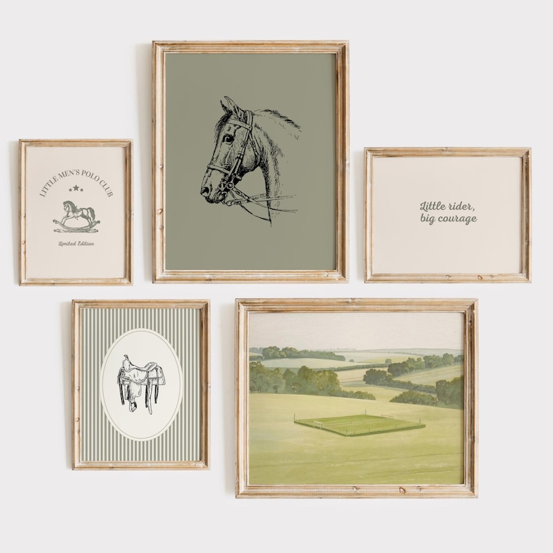 May include: A collection of framed equestrian-themed art prints. The prints feature a horse head, a saddle, a landscape, and text that reads "Little rider, big courage" and "Little Men's Polo Club". The frames are a light brown color.