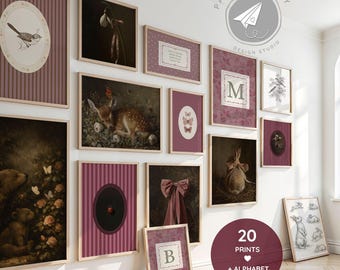 Stimmungsvolles Erbstück Kinderzimmer-Galerie-Set, Burgunder-Pflaumen-Kunstdruck, Vintage-Kunstdruck, dunkles feminines Spielzimmerdekor, Zitat Kunst