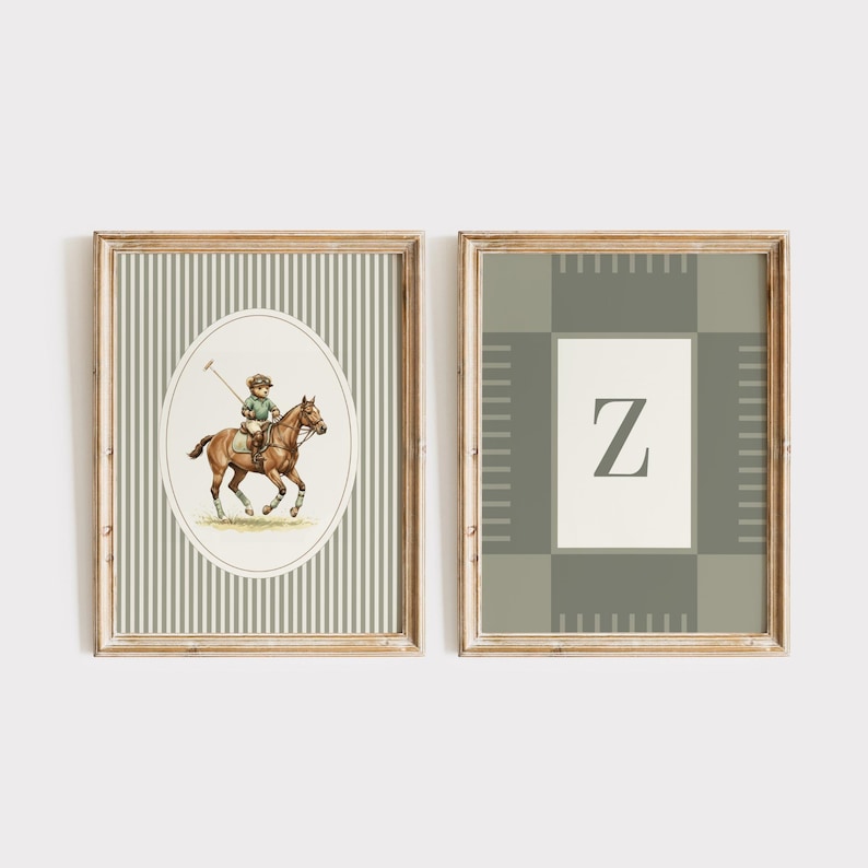 May include: Two framed prints. One features a polo player on a horse in an oval frame against a striped background. The other has a large letter "Z" on a plaid background. Both are in wooden frames.