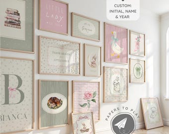 Pink Nursery Gallery Wall Art, Custom Floral Letter Nursery, Bunny Cottagecore Girl Nursery Posters, Thank Heaven for Little Girls Poster