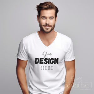 Gildan 64V00 V-Neck T-shirt Male Mockup, General Man Mocks, Front View, Men Tee Square Mockup, Boy Shirt Model, White Tshirt Mock