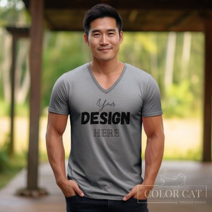 Gildan 64V00 V-Neck T-shirt Male Mockup, General Man Mocks, Front View, Men Tee Square Mockup, Boy Shirt Model, Sport Grey Tshirt Mock