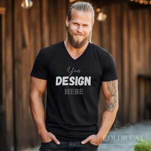 Gildan 64V00 V-Neck T-shirt Male Mockup, General Man Mocks, Front View, Men Tee Square Mockup, Boy Shirt Model, Black Tshirt Mock