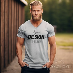 Gildan 64V00 V-Neck T-shirt Male Mockup, General Man Mocks, Front View, Men Tee Square Mockup, Boy Shirt Model, Sport Grey Tshirt Mock