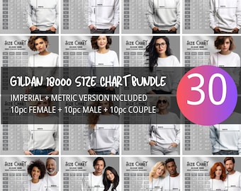 Gildan 18000 Sweatshirt Size Chart Bundle, 30 pc Imperial + Metric Size Charts, Female, Male and Couple Size Charts Included Unisex Sweater