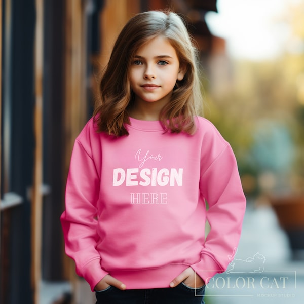 Gildan 18000b Kids Sweatshirt Mockup, Cute Girl Mocks, Front View, Child Sweatshirt Square Mockup, Pink Sweater Model, Children Sweater