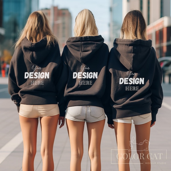 Comfort Colors 1467 Hoodie Mockup, BFF girls Mocks, Back View, Beach Sweatshirt Mockup, Female Oversized Hoodie, Black Sweater Model