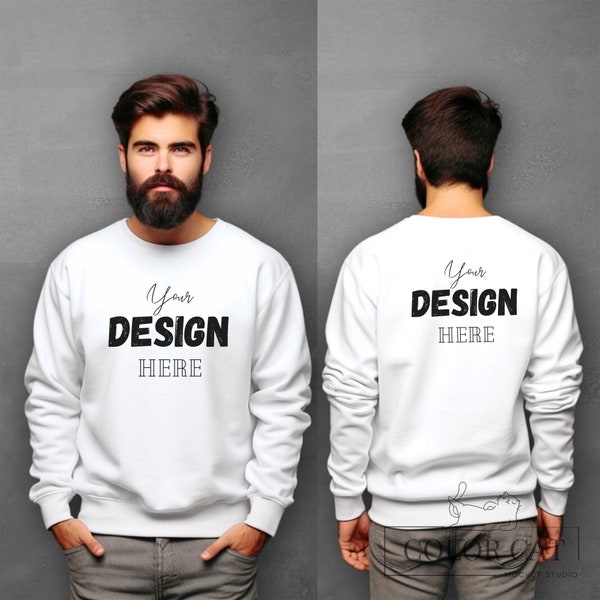 Gildan 18000 Male Sweatshirt Mockup, Front Back View Mocks, Men Sweater Square Mockup, Man Oversized Pullower, White Boys Sweater