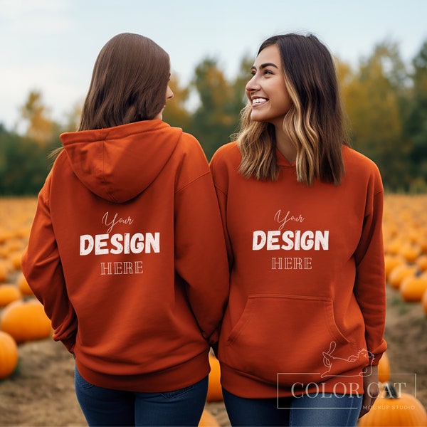 Gildan 18500 Hoodie Mockup, BFF girls Mocks, Front Back View, Halloween Sweatshirt Square Mockup, Female Oversized Hoodie, Orange Sweater