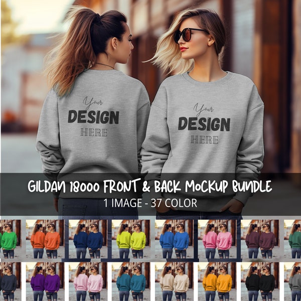 Gildan 18000 Vorder- und Rückseite Sweater Mockup Color Bundle, alle 37 Farben Double Side Mocks, Vorder-Rückansicht, süßes Mädchen Sweatshirt Modell