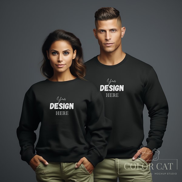 Gildan 18000 Couple Sweatshirt Mockup, Love Mocks, Front View, Female and Male Sweater Mockup, Black Pullower, Mom and Dad Pulli Model