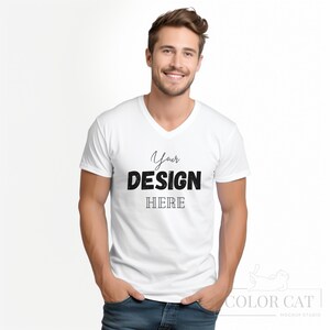 Gildan 64V00 V-Neck T-shirt Male Mockup, General Man Mocks, Front View, Men Tee Square Mockup, Boy Shirt Model, White Tshirt Mock
