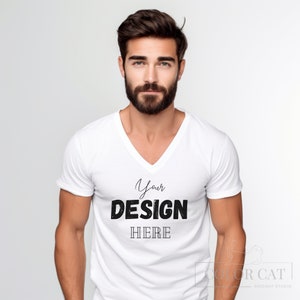 Gildan 64V00 V-Neck T-shirt Male Mockup, General Man Mocks, Front View, Men Tee Square Mockup, Boy Shirt Model, White Tshirt Mock