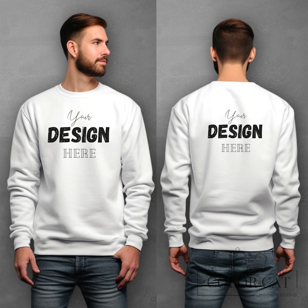 Gildan 18000 Male Sweatshirt Mockup, Front Back View Mocks, Men Sweater Square Mockup, Man Oversized Pullower, White Boys Sweater