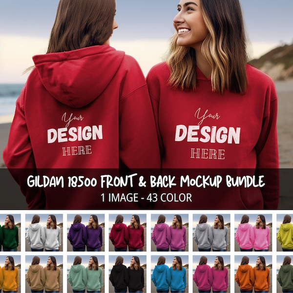 Gildan 18500 Hoodie Mockup Bundle, All 43 Colors Double Side Mocks, Front and Back View, Beach Hooded Sweatshirt Model, Oversized Hoodie