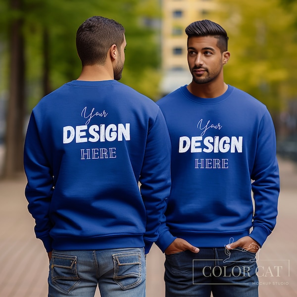 Gildan 18000 Male Sweatshirt Mockup, Front Back View Mocks, Men Sweater Square Mockup, Man Oversized Pullower, Royal Blue Sweater