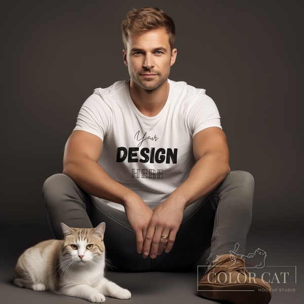 Gildan 5000 T-shirt Male Mockup with Cat, Man Mocks, Front View, Boys and Animals Tee Square Mockup, White Adult Unisex Shirt Model