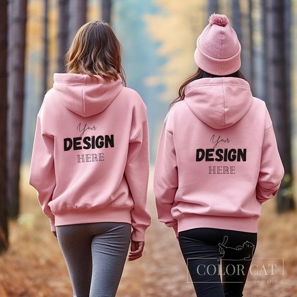 Gildan 18500 Hoodie Mockup, BFF girls Mocks, Back View, Outodoor Sweatshirt Square Mockup, Female Oversized Hoodie Model, Light Pink Sweater