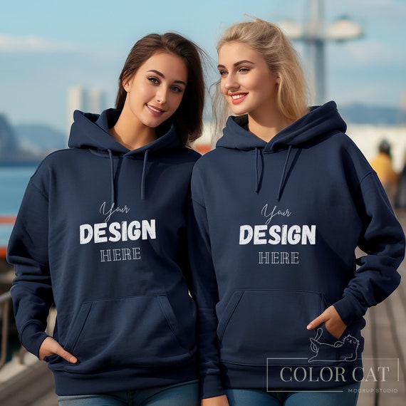 Gildan 18500 Hoodie Mockup BFF Girls Mocks Front View Port Sweatshirt Square Mockup Female Oversized Hoodie Model Navy Color Sweater Etsy