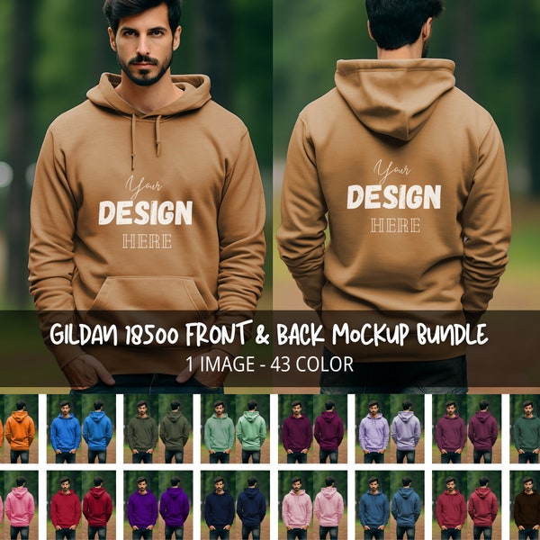 Gildan 18500 Hoodie Mockup Male Bundle, All 43 Colors Double Side Mocks, Front and Back View, Men Hooded Sweatshirt Model, Outdoor Mockup