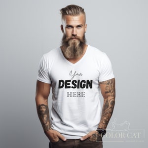 Gildan 64V00 V-Neck T-shirt Male Mockup, General Man Mocks, Front View, Men Tee Square Mockup, Boy Shirt Model, White Tshirt Mock