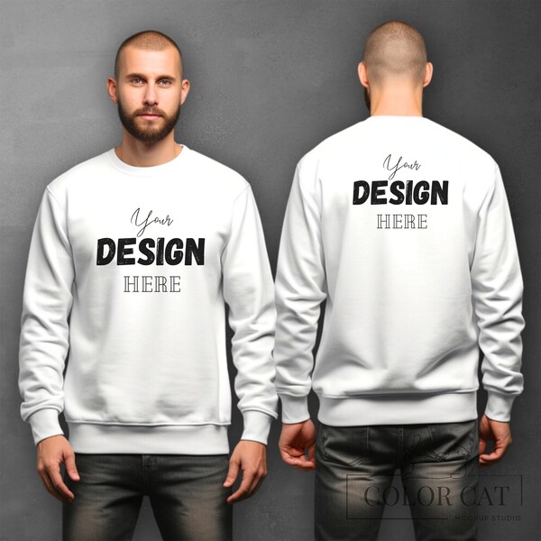 Gildan 18000 Male Sweatshirt Mockup, Front Back View Mocks, Men Sweater Square Mockup, Man Oversized Pullower, White Boys Sweater