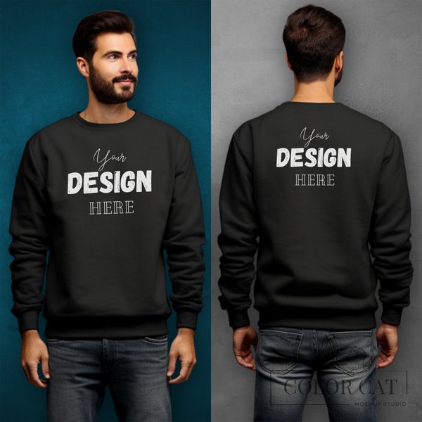 Gildan 18000 Male Sweatshirt Mockup, Front Back View Mocks, Men Sweater Square Mockup, Man Oversized Pullower, Black Boys Sweater