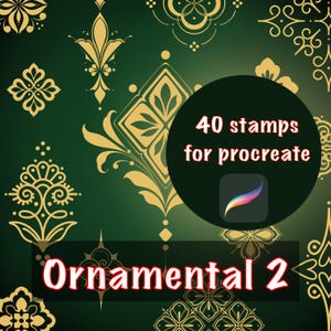 Puede incluir: Una ilustración digital de 40 sellos ornamentales dorados para Procreate, una aplicación de arte digital. Los sellos presentan diseños intrincados con un fondo verde. El texto "Ornamental 2" se muestra en rojo.