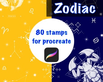 May include: A white circle with the text "80 stamps for procreate" on a yellow background with white zodiac symbols. The Procreate app icon is in the circle. The background is split in half with a blue background on the right side with white zodiac symbols and the word "Zodiac" in blue.