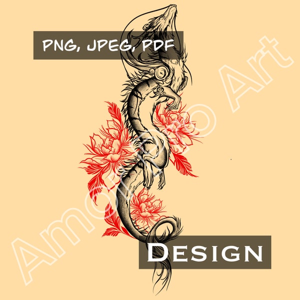 Dragon Tattoo Design, grafische schets, draak met bloemenpatroon, JPEG PNG PDF-bestandstype, direct downloaden na aankoop