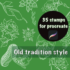 Procreate Old Tradition Style Stamps, Procreate Tattoo Stamps, Vintage Tattoo Stamp, Skull Stamp, Witch Brush, Traditional Bundle