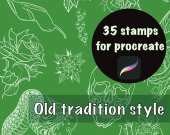 May include: A green background with white line drawings of flowers, snakes, skulls, and other traditional tattoo designs. The text "35 stamps for procreate" and "Old tradition style" is also included in the image.