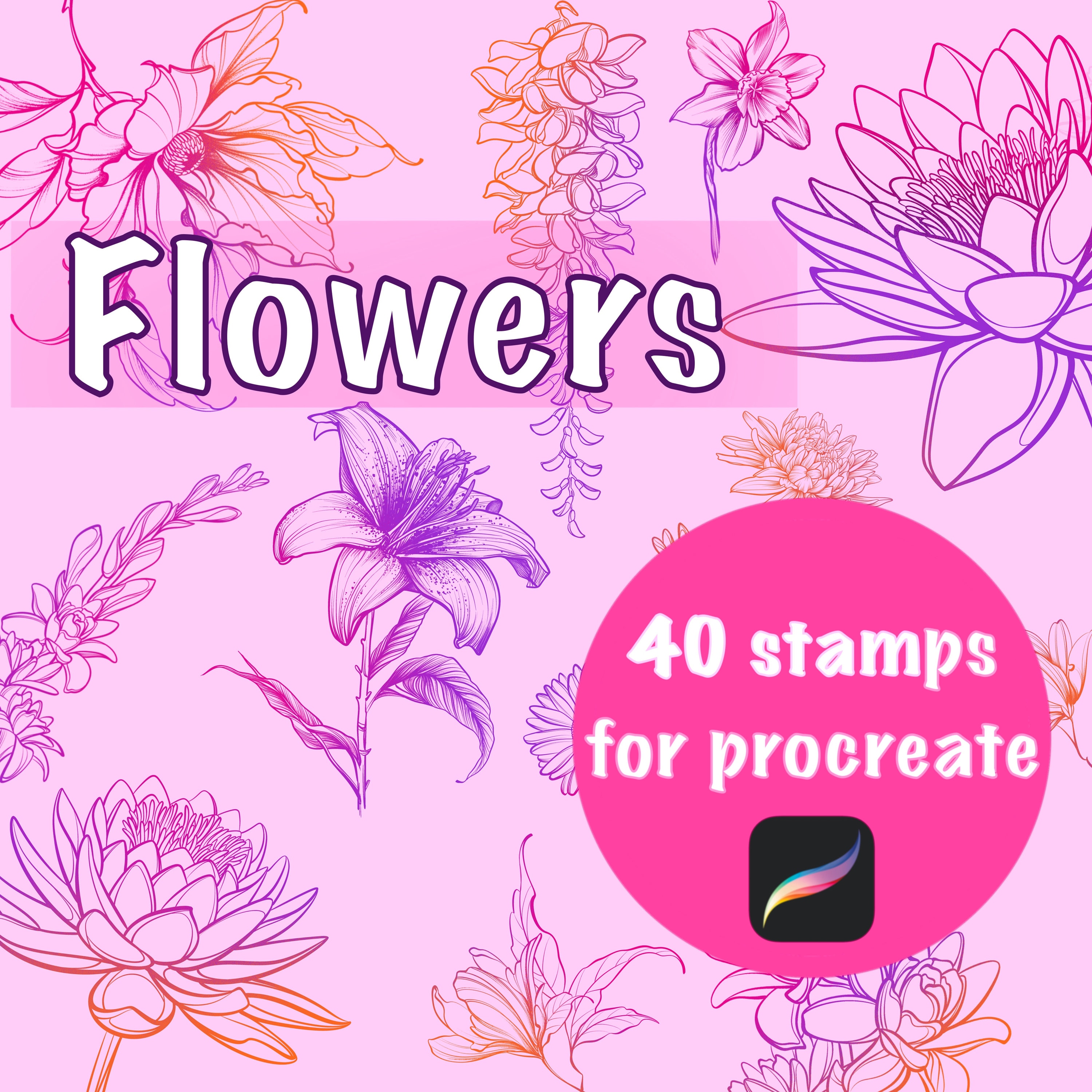 Flower Procreate Stamps, Botanical Brushes, Wedding Invitations, Floral ...
