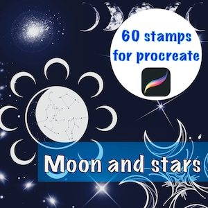 Mystical Moon and Stars Procreate Stamps, Witchcraft Procreate Stamp, Tattoo Sketch, Wedding Invitations, The Moon Tarot, Boho style