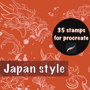 Peut inclure: 35 tampons de style japonais pour Procreate, une application d'art numérique. Les tampons présentent des motifs japonais traditionnels tels que des dragons, des démons et des fleurs. Les tampons sont blancs sur un fond rouge.