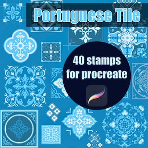 May include: A collection of 40 Portuguese tile stamps for Procreate, featuring various blue and white floral and geometric designs. The text "Portuguese Tile" is displayed at the top, with a dark blue circle in the center that reads "40 stamps for procreate".