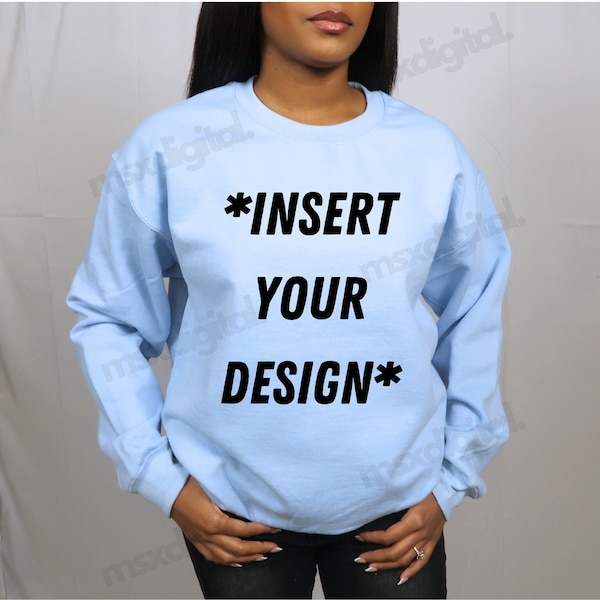 Gildan 18000 Sweatshirt Mockup Bundle Gildan Sweatshirt Black Model Mockup Light Blue Black Girl Sweatshirts Mockup Real Model