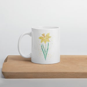 Aquarell Narzisse Blumenbecher - 11 Unzen weiße Keramiktasse, einzigartiges Blumengeschenk
