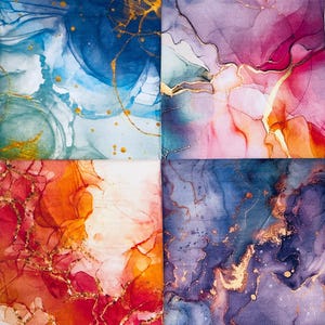May include: Four square decorative panels with abstract designs. Each panel features a unique blend of colors, including blues, purples, oranges, and reds, with gold accents. The fluid patterns create a marbled effect, suitable for home decor.