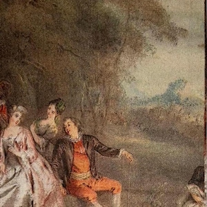 May include: An antique print depicting a pastoral scene with figures in period clothing. A man in orange attire reclines, while women in gowns stand nearby. The artwork features a muted color palette with a focus on the figures and landscape.